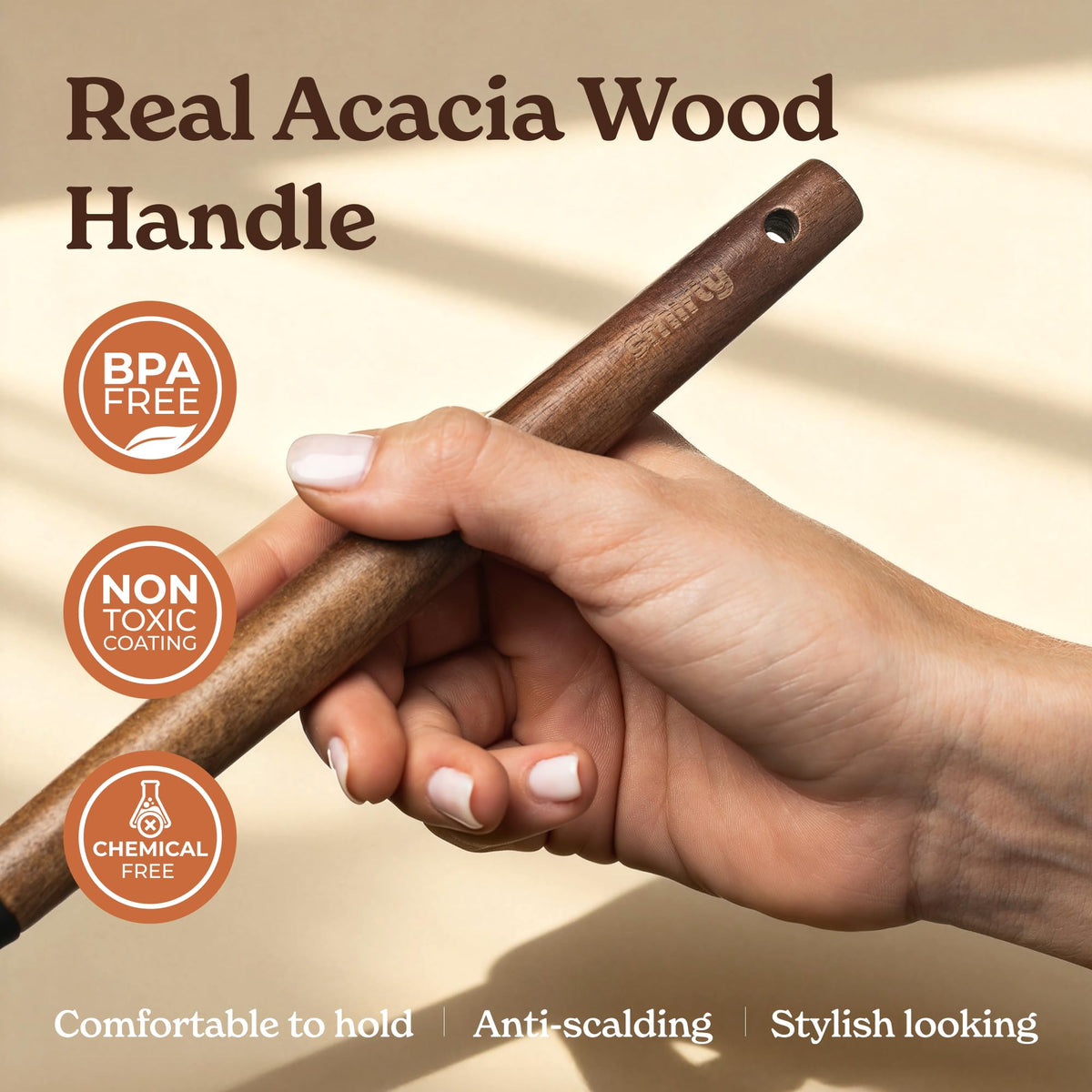 SMIRLY acacia wood handles provide a premium grip and stylish contrast