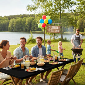 Smiry durable tablecloth protects tabletops on grass, patios, and indoors.