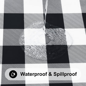 Smiry flannel-backed vinyl tablecloth highlights soft touch and protection.