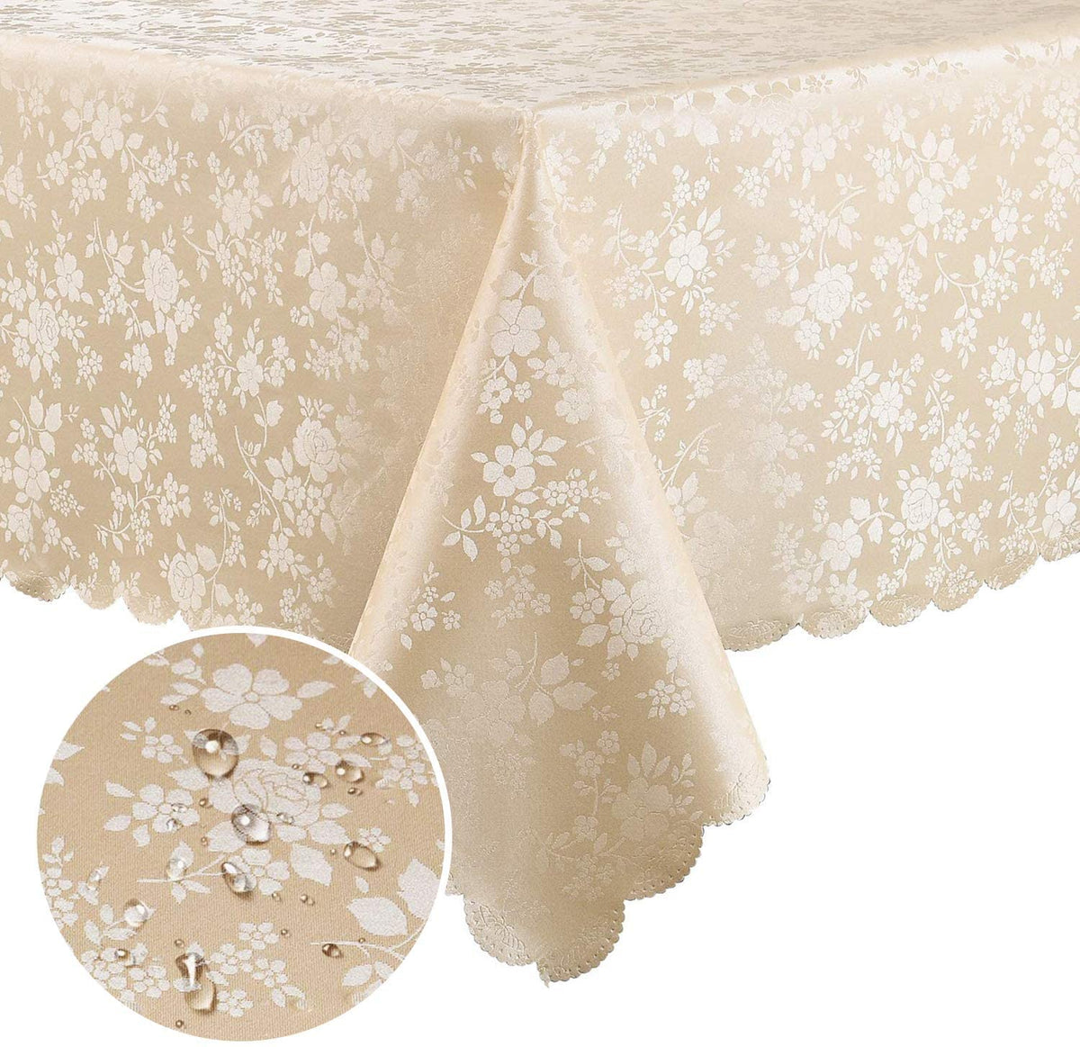 Smiry rectangle table cloth beige on table with floral embossing, water resistant.