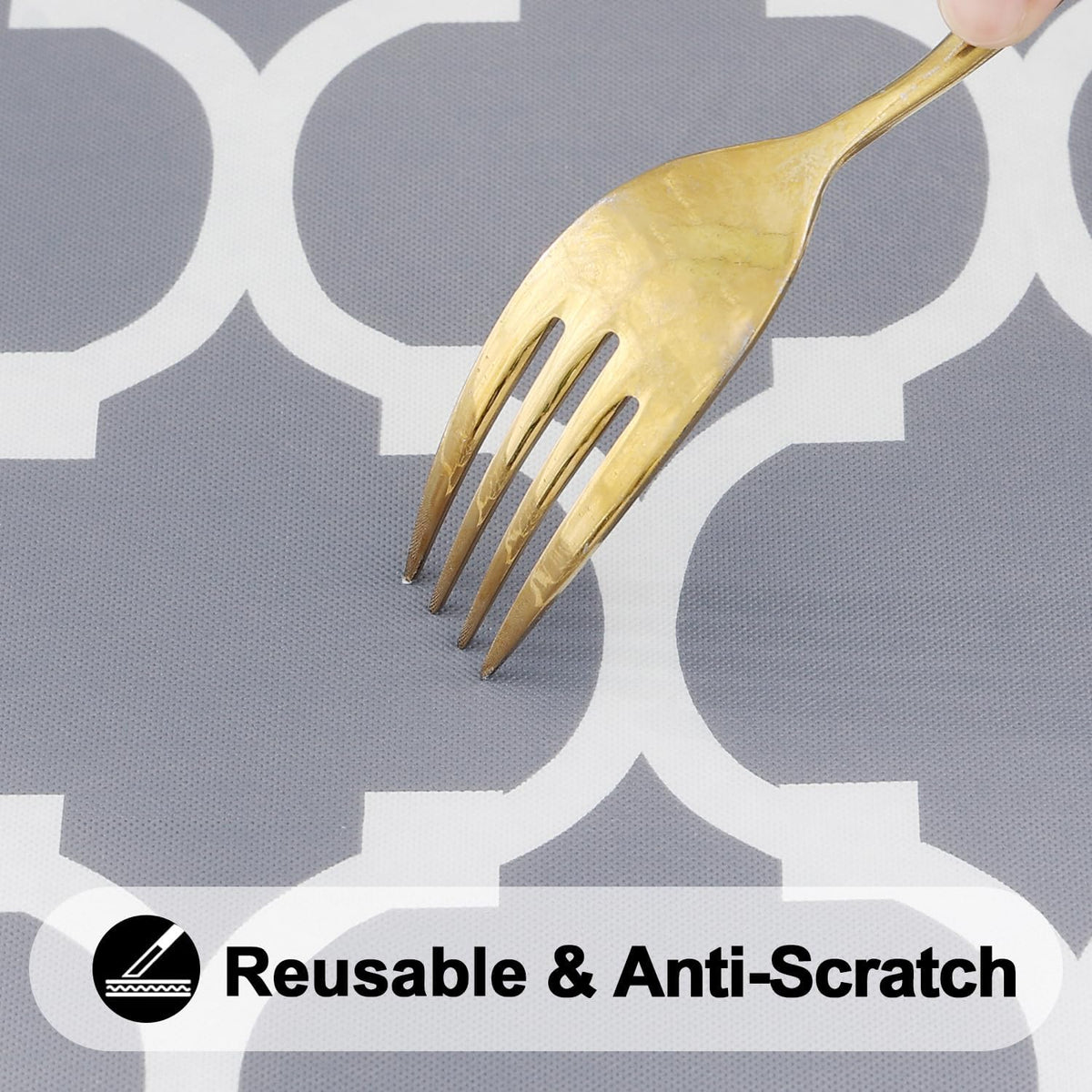 Smiry Moroccan-patterned tablecloth protects tabletop while brightening the setting.