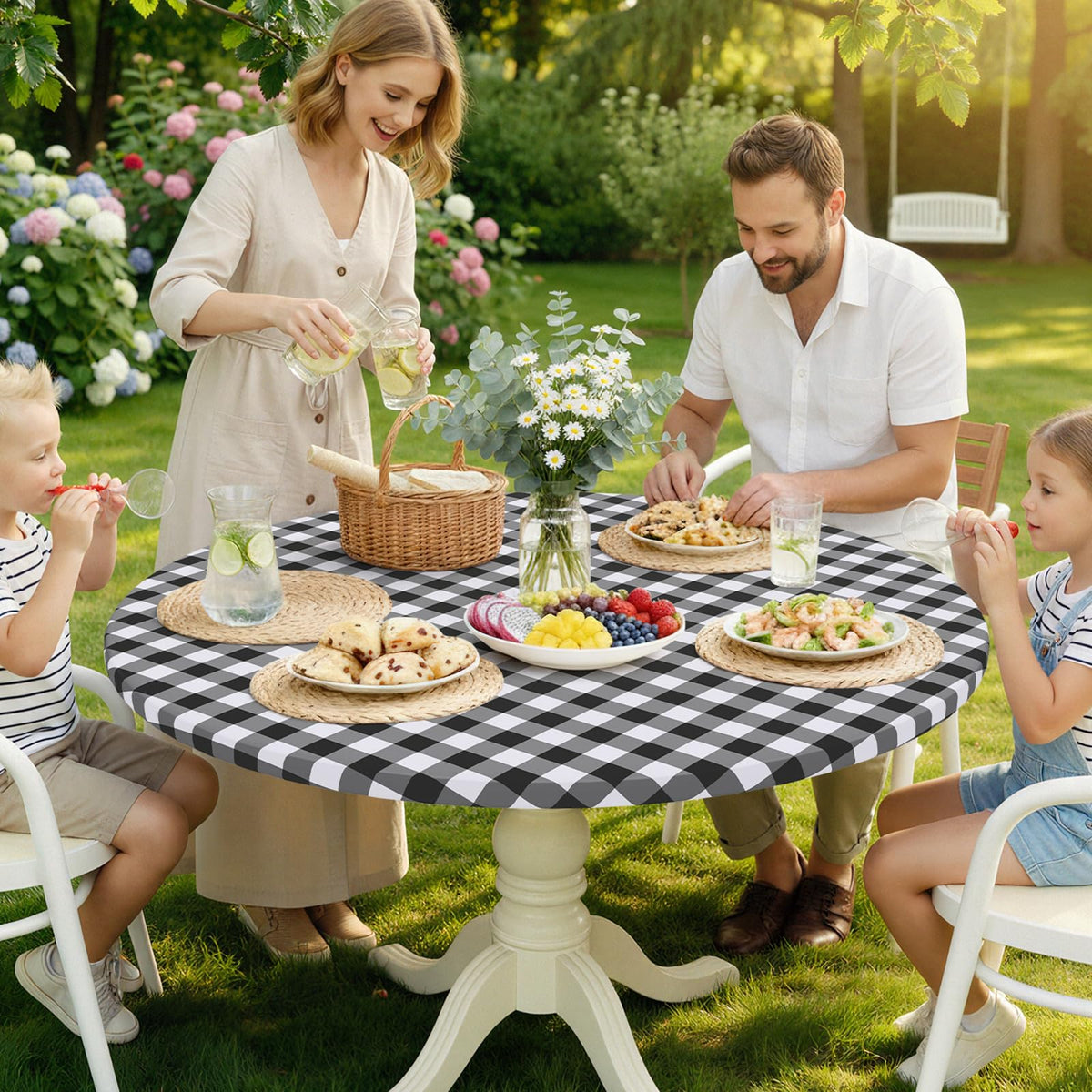 Smiry elastic edge round tablecloth secured in place during movement