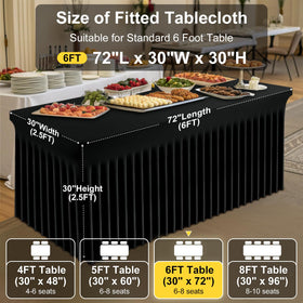 Smiry Spandex tablecloth measures 72x30x30 inches for 6-foot tables
