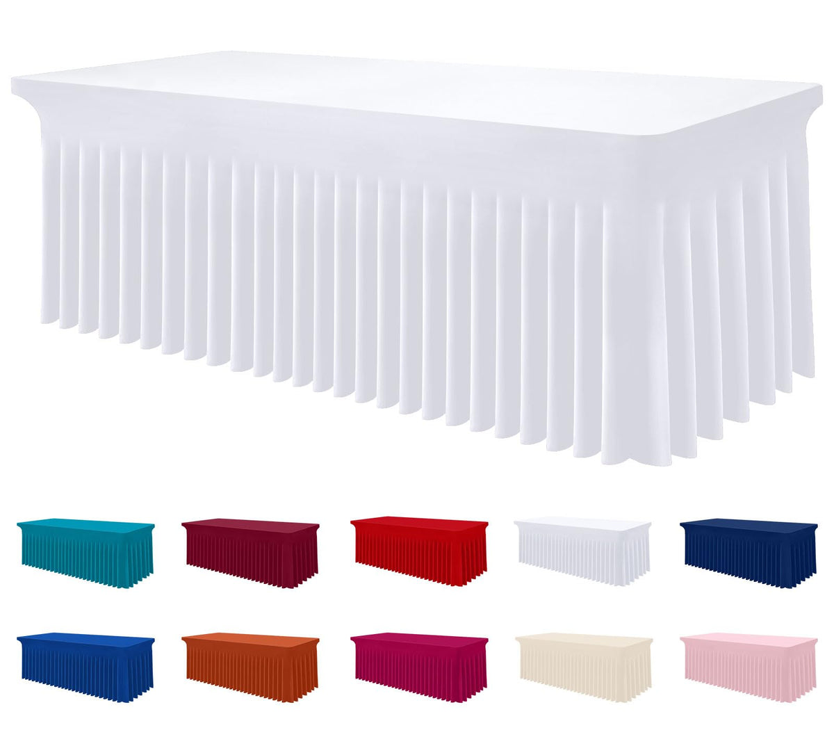 Smiry spandex tablecloth on an 8ft rectangle table for a clean banquet look.
