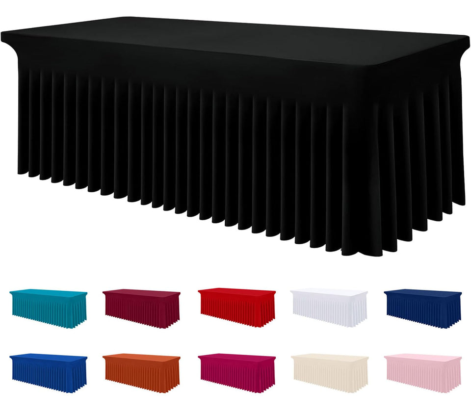 Smiry spandex tablecloth flatlay in black shows full coverage for events