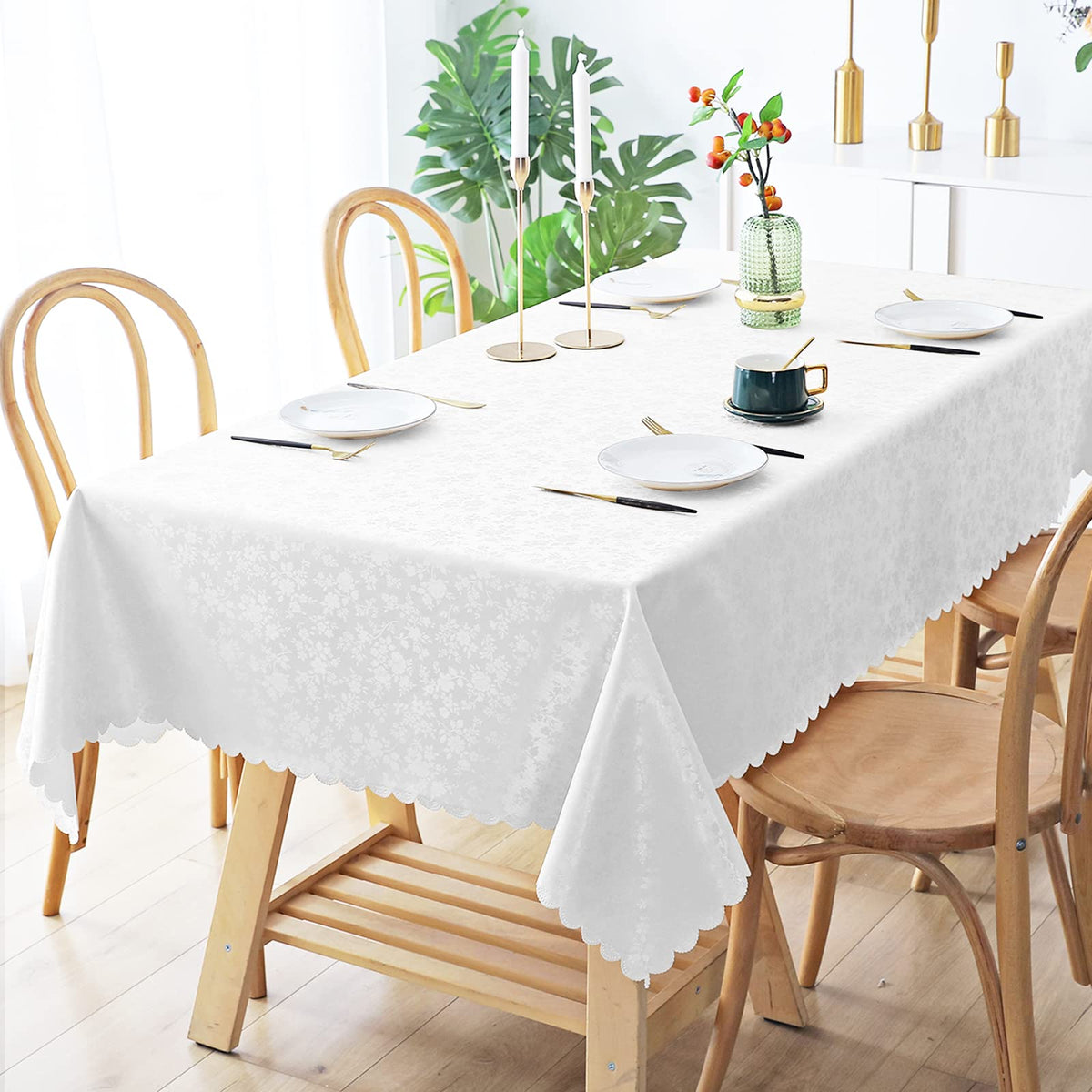 Smiry white rectangle tablecloth shows waterproof surface ideal for daily spills.