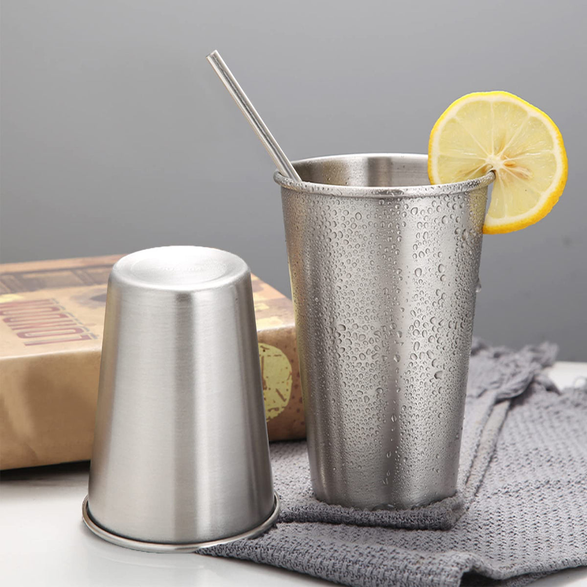 SMLIXE four-pack 24oz pint cups, stackable design, space-saving storage.