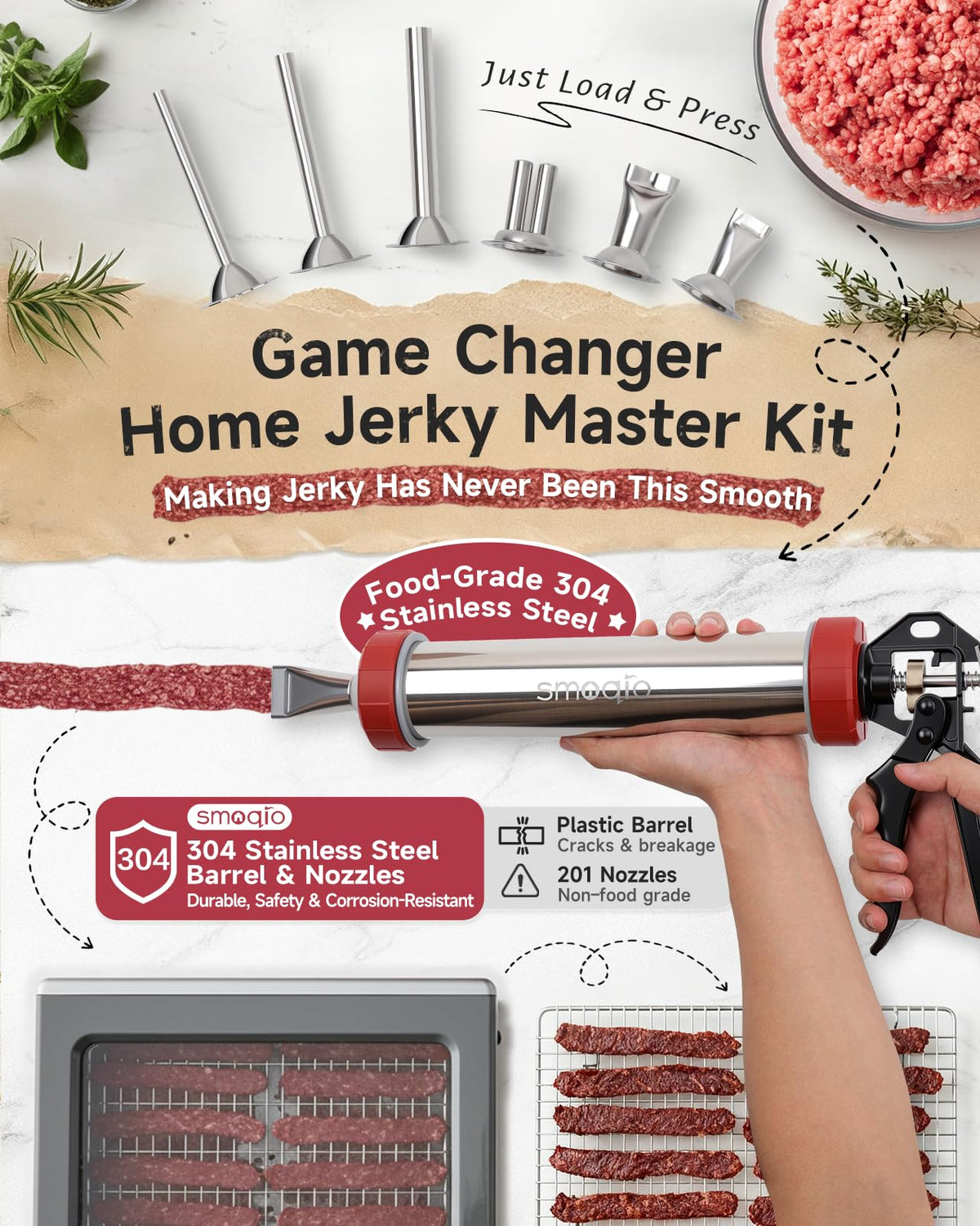 SMOQIO jerky gun with six nozzles enables varied snack sizes and shapes.