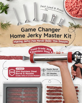 SMOQIO jerky gun with six nozzles enables varied snack sizes and shapes.