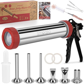 SMOQIO jerky gun shows durable barrel and nozzles for consistent extrusion.
