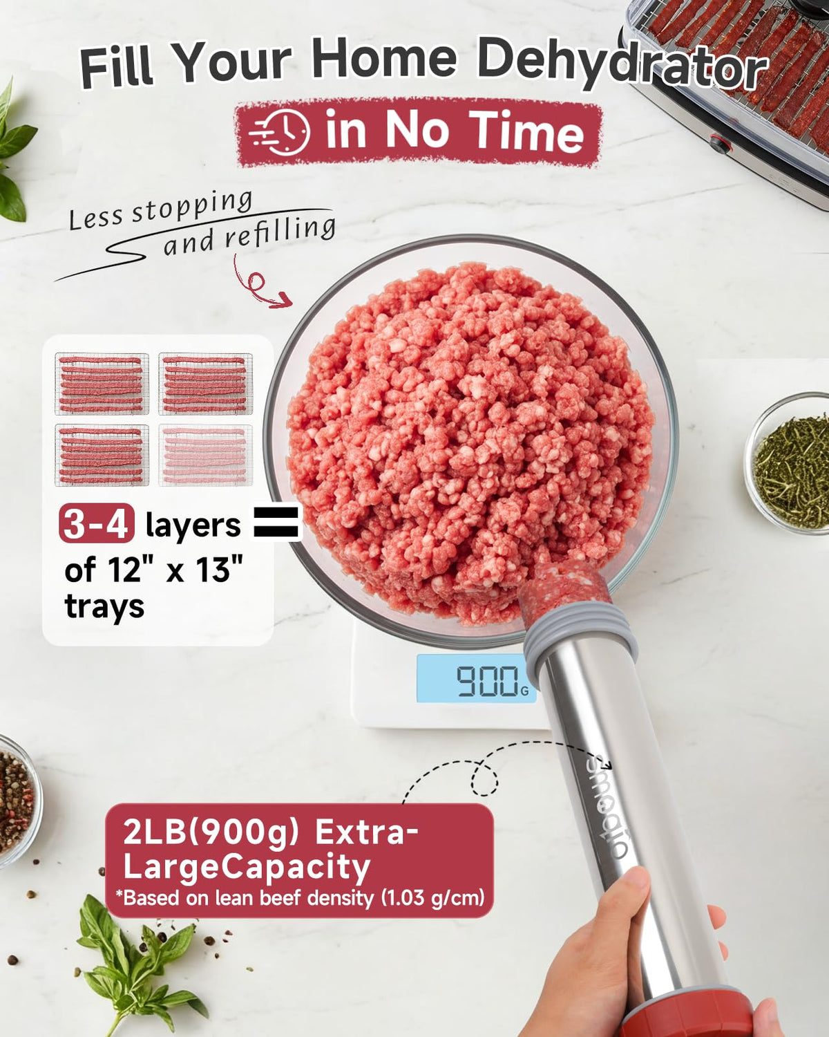 SMOQIO jerky gun 2 lb hopper supports batch filling for faster prep.