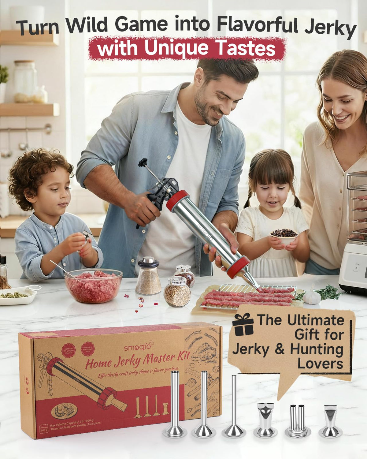 SMOQIO jerky gun kit display shows complete set with brushes and meat pusher.