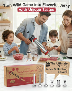 SMOQIO jerky gun kit display shows complete set with brushes and meat pusher.
