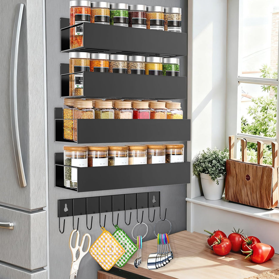 SMRCAD magnetic spice rack mounted on fridge side keeps spices within easy reach