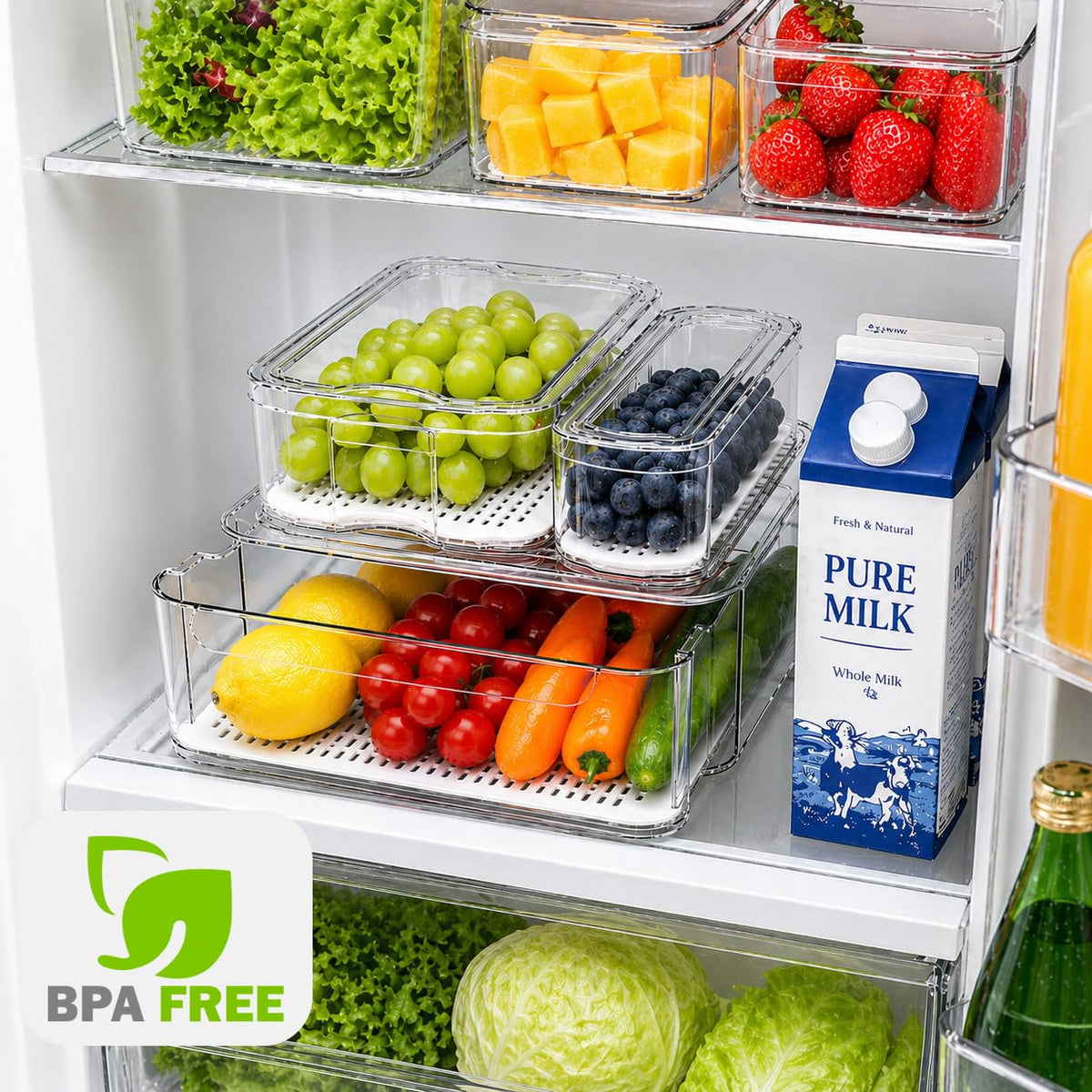 SMRCAD stackable bins maximize fridge space for vegetables and snacks