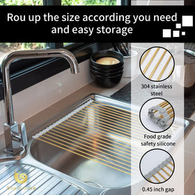 Snailhouse roll-up dish rack installed over the sink demonstrates space-saving design.