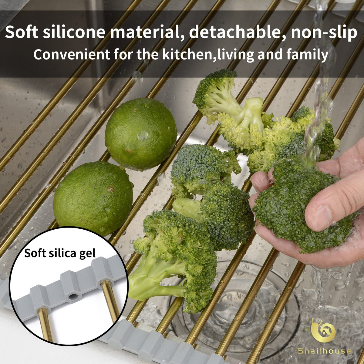 Snailhouse roll-up dish rack with gold finish complements modern kitchens and easy cleaning.