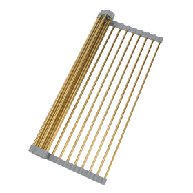 Snailhouse roll up drying rack over sink in gold for space-saving dish drying.