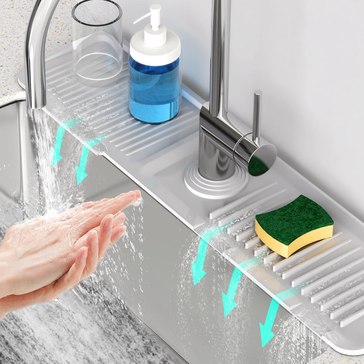 Snoquir 24in faucet mat covers full sink area for splash guard.