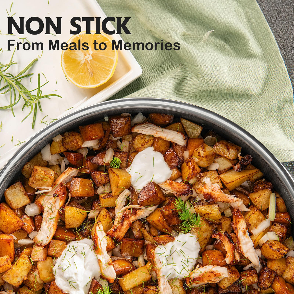Snowclad frying pan handle closeup highlights sturdy grip and safe handling.