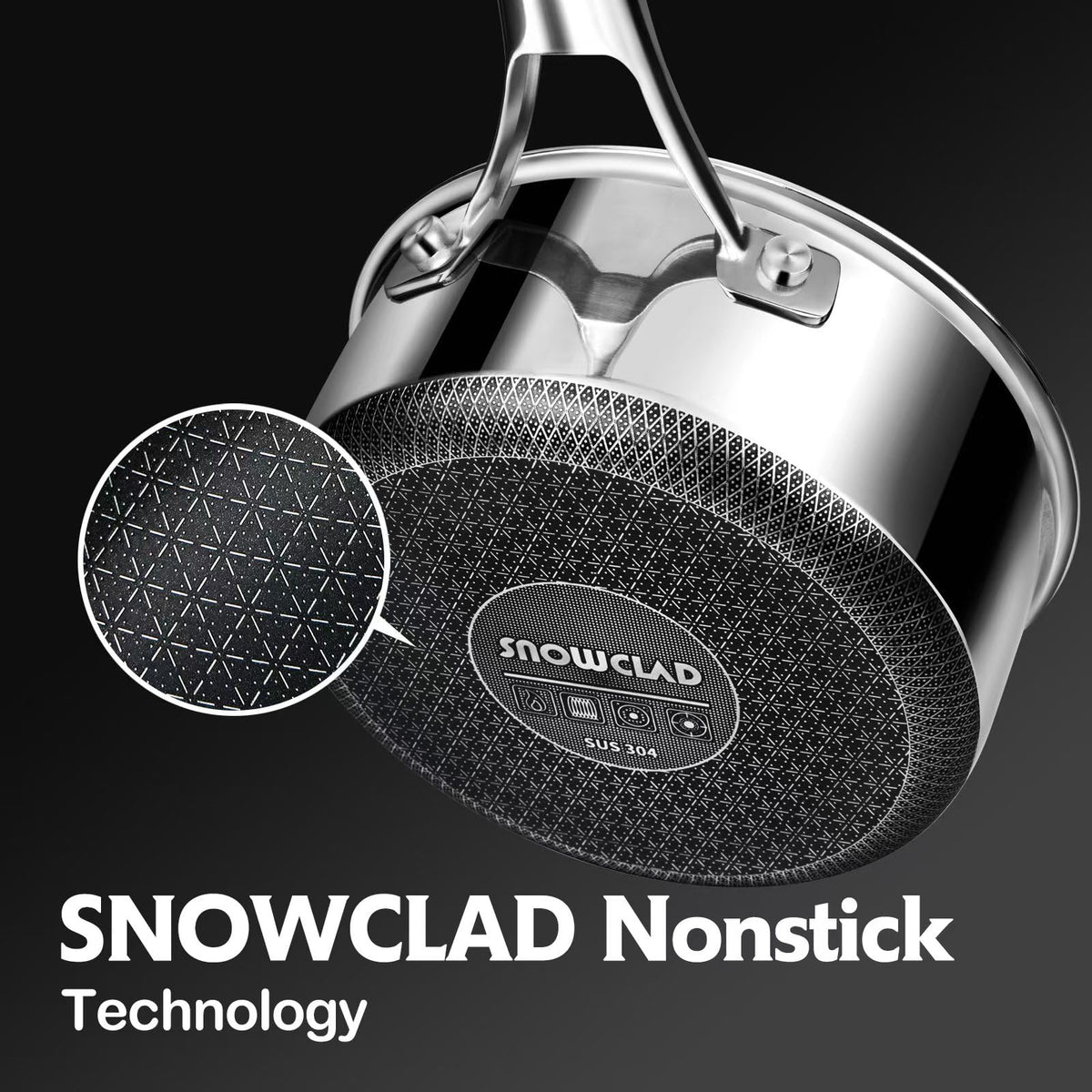 SNOWCLAD tri-ply stainless steel pan highlights durable heat distribution.
