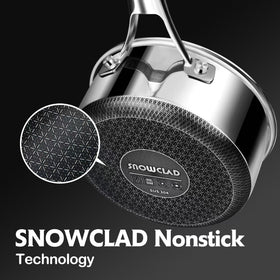 SNOWCLAD tri-ply stainless steel pan highlights durable heat distribution.