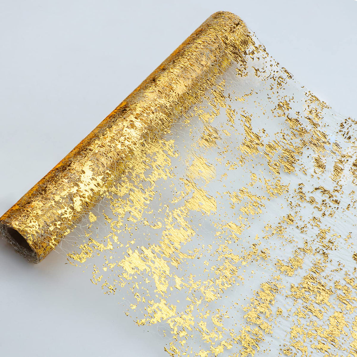 Snowkingdom glitter gold table runner adds shimmering elegance to wedding reception tables.
