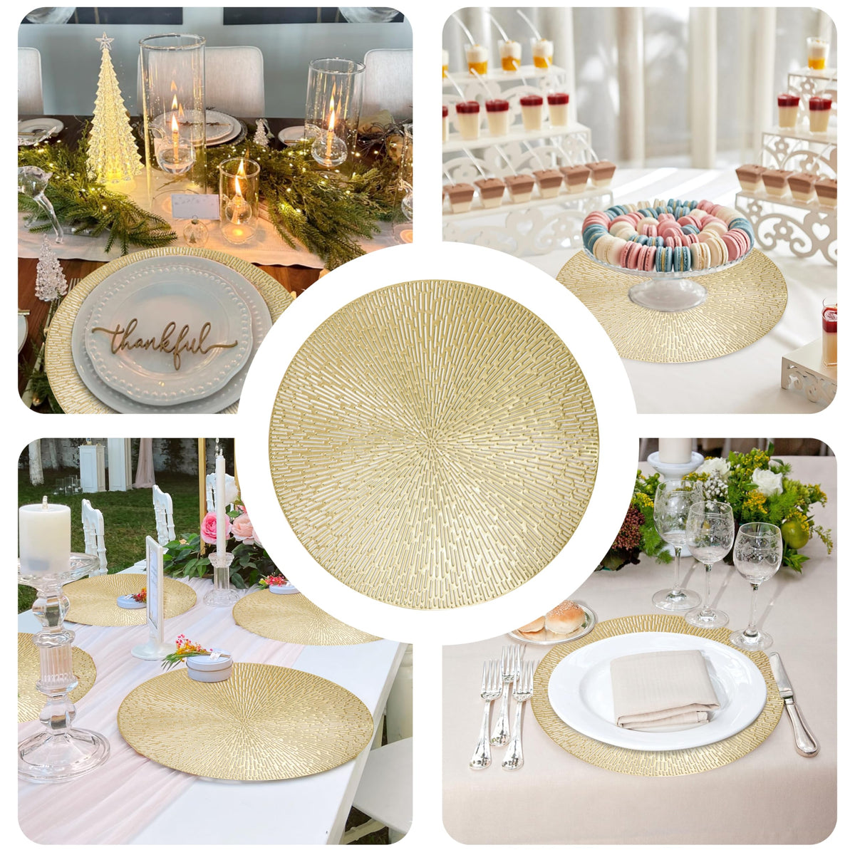 Snowkingdom gold placemats serve as chic centerpieces for celebrations.
