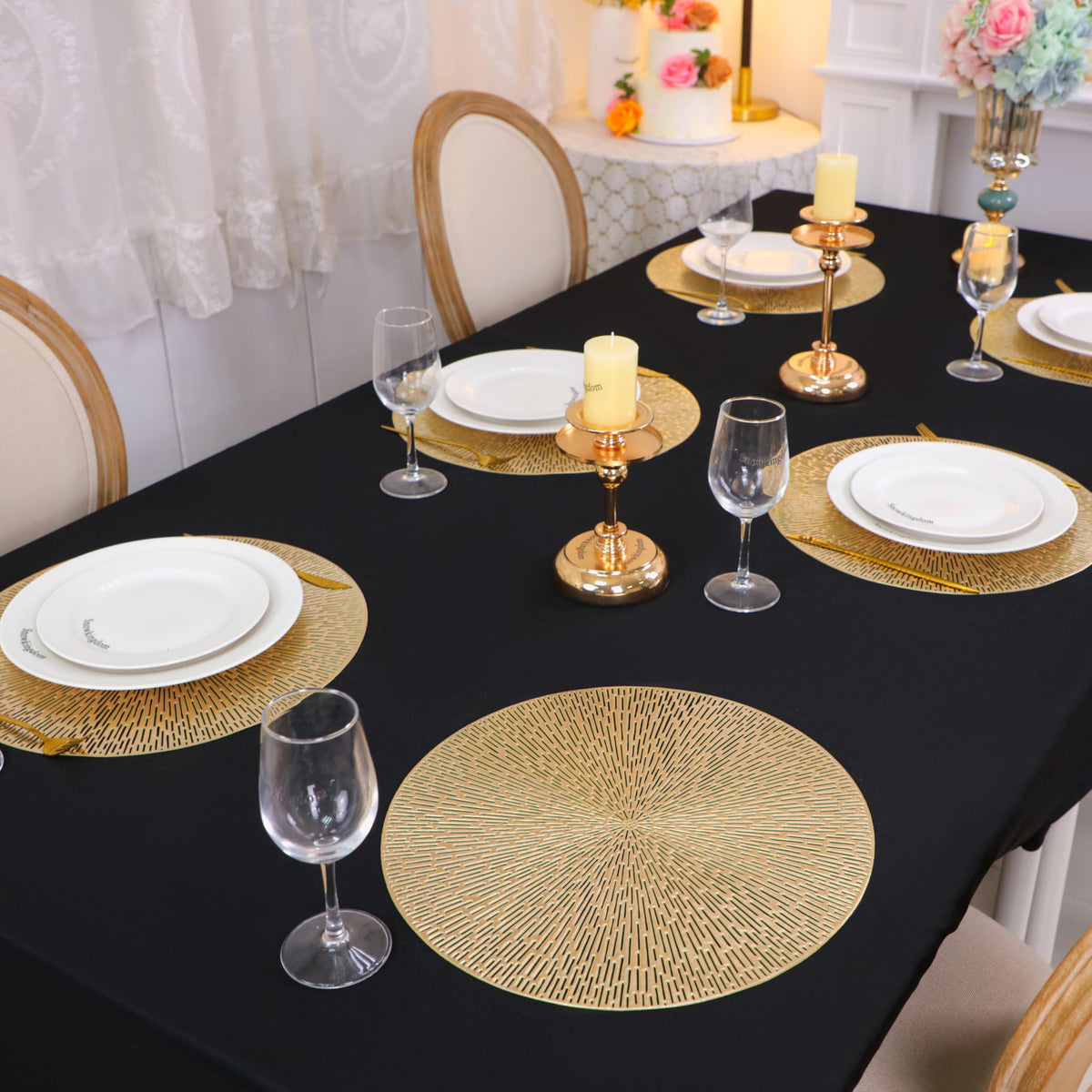 Snowkingdom gold placemats elevate weddings and parties with elegant table decor.