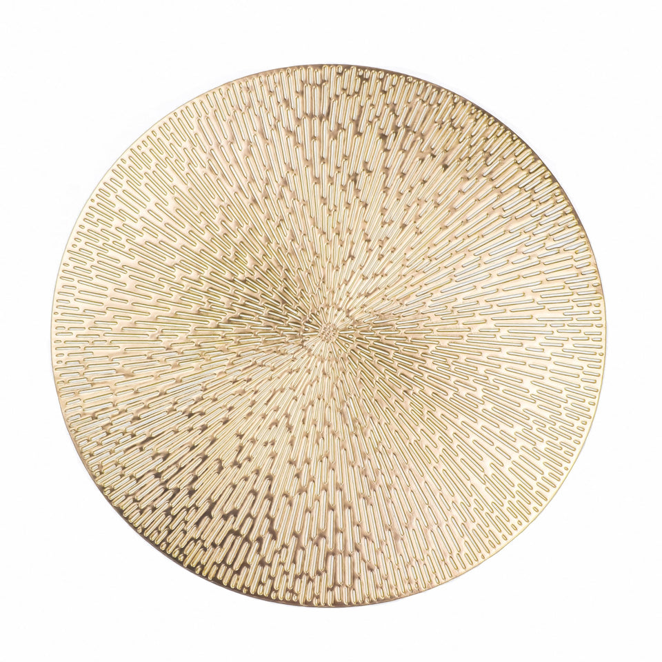 Snowkingdom gold round placemats with hollow design protect tables during meals.