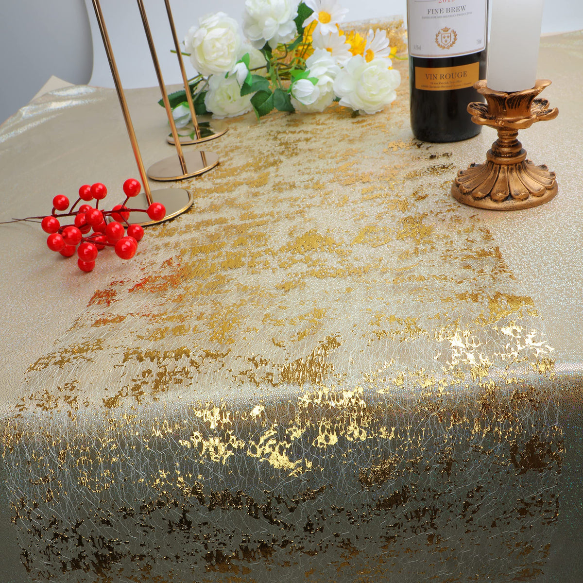 Snowkingdom glittery gold table runner for durable holiday table decor.