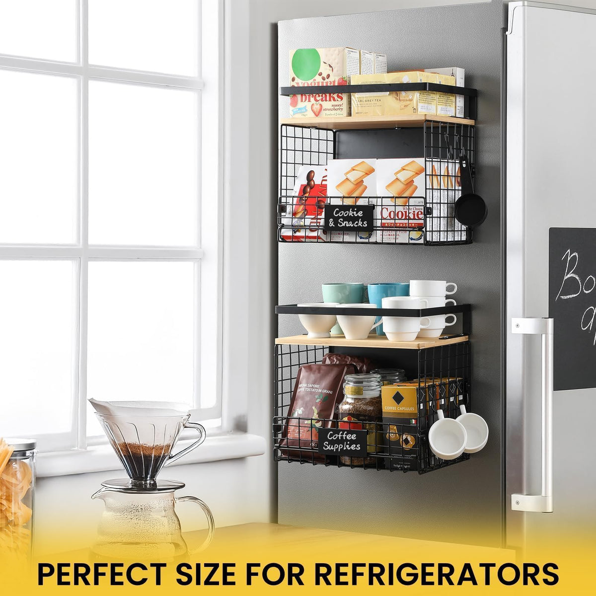 Snuvid Wider Shelf Basket on countertop helps maximize kitchen space.