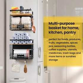 Snuvid Wider Shelf Basket's large capacity holds spices, jars, and produce.