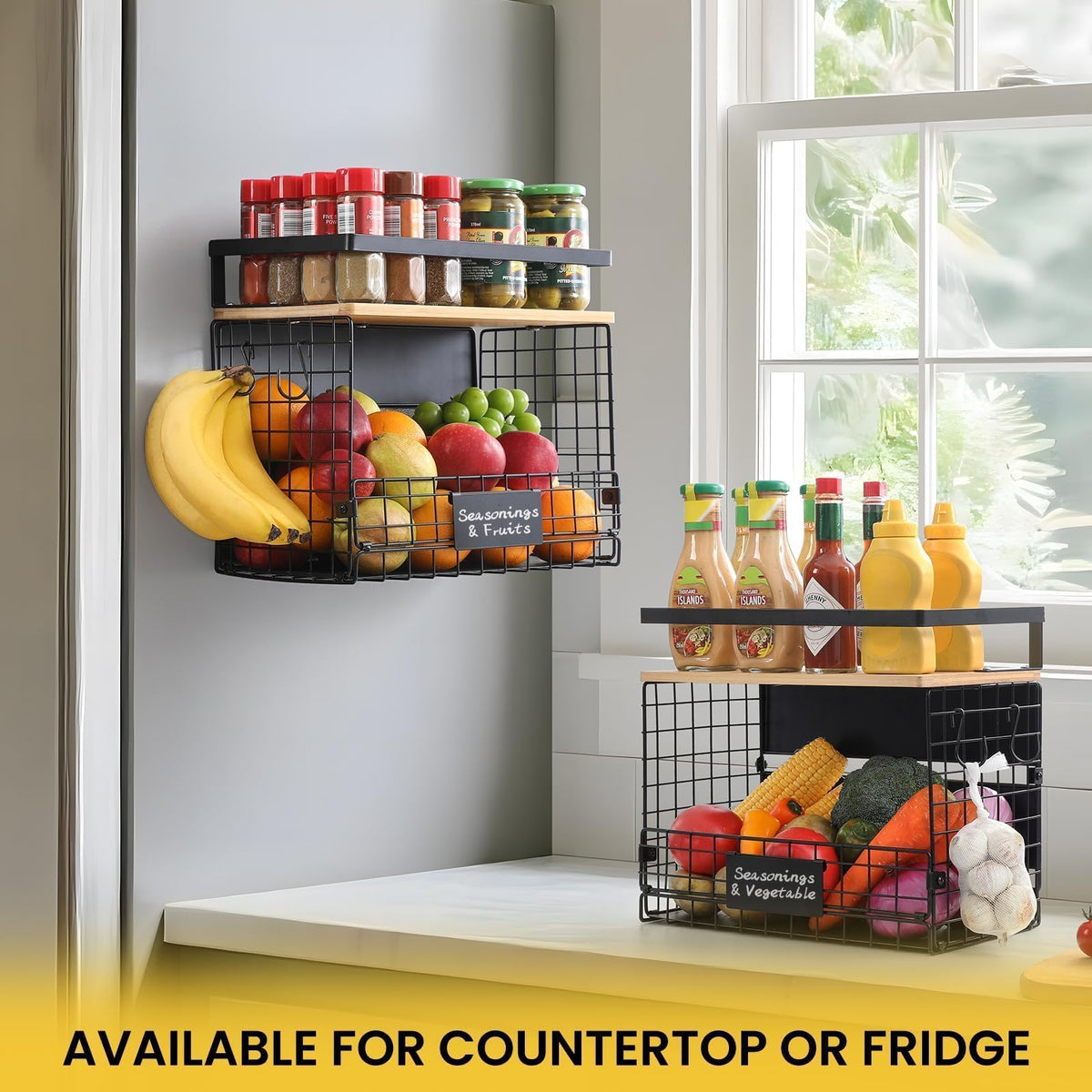 Snuvid Wider Shelf Basket includes S-hooks for hanging fruits and utensils.