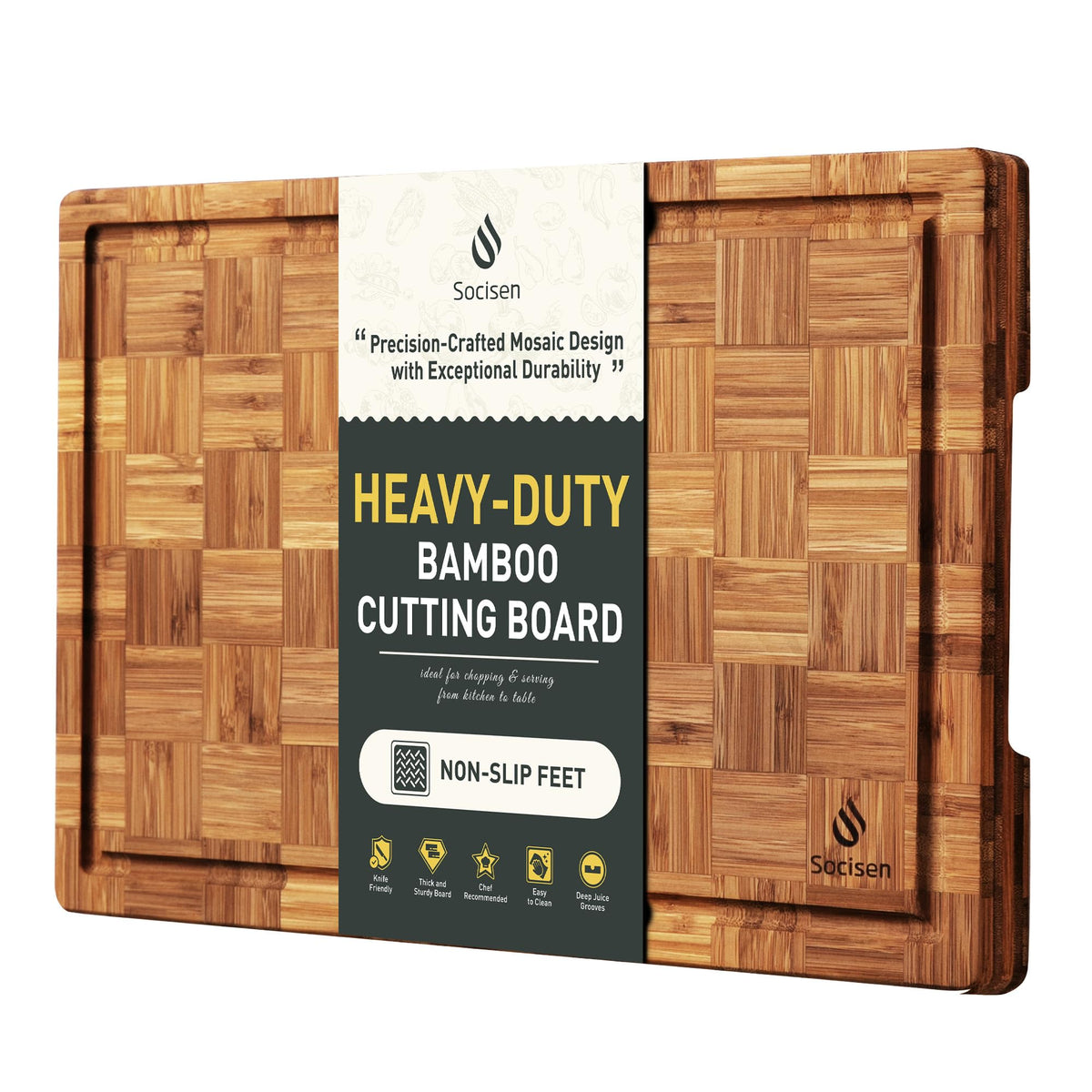 Socisen bamboo cutting board with non-slip feet for stable counter use