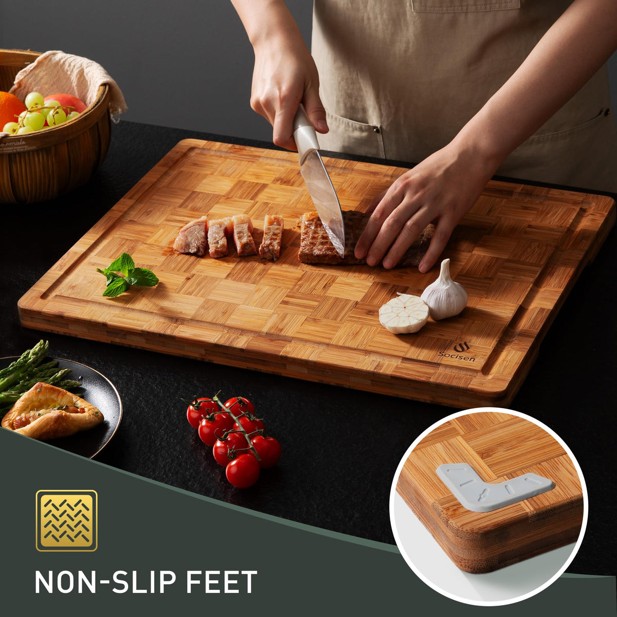 Socisen XXX Large Bamboo Cutting Board 5-layer construction demonstrates thickness and resilience.
