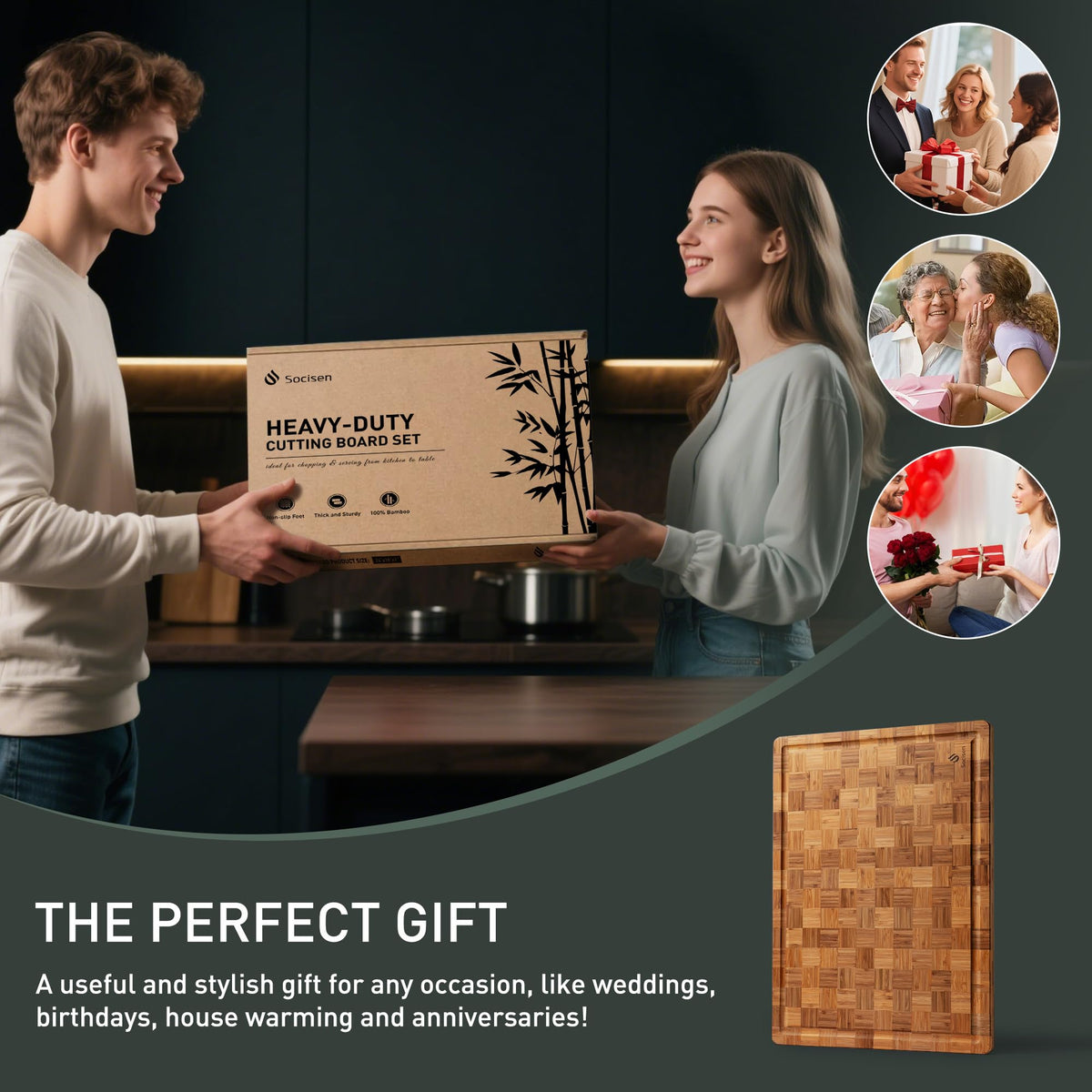 Socisen cutting board in gift packaging showcases ready-to-gift presentation.