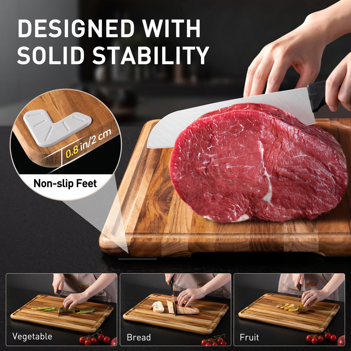 FSC-certified teak from responsibly managed forests supports sustainable kitchen sourcing.