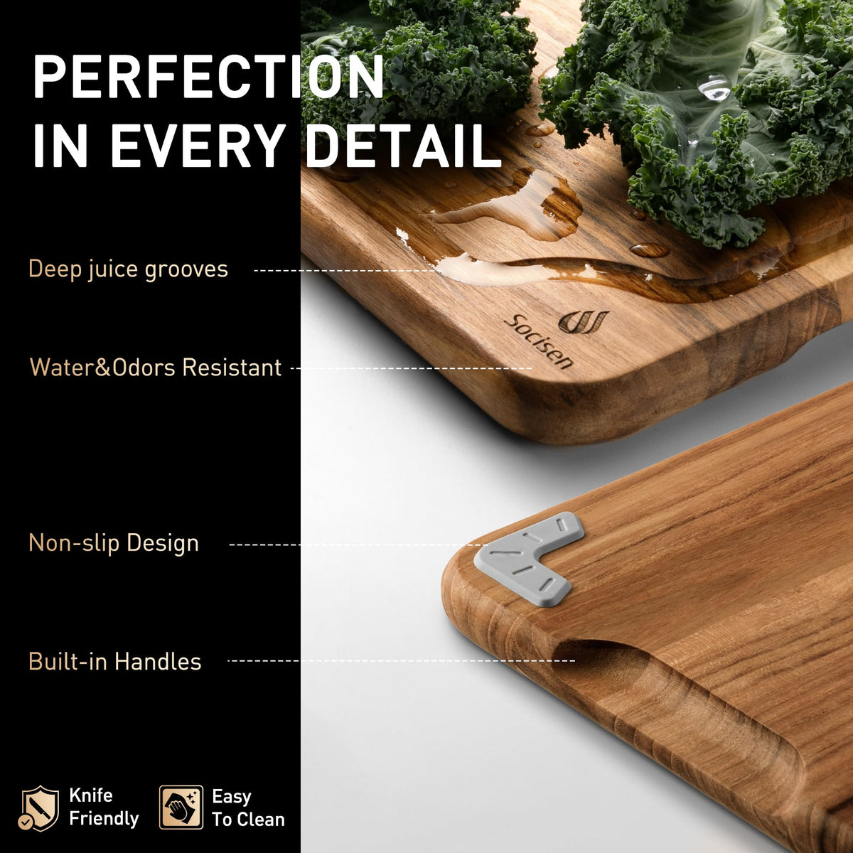 Socisen teak cutting board with non-slip base keeps countertops stable during prep.