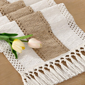 Socomi boho table runner closeup with macrame fringe for rustic dining decor.