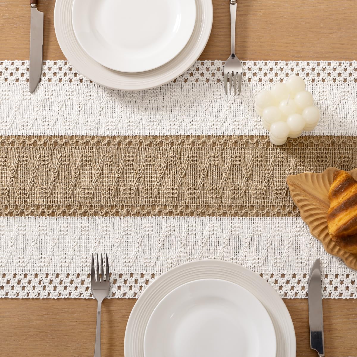 Socomi cotton-linen weave table runner adds textured warmth to surfaces.