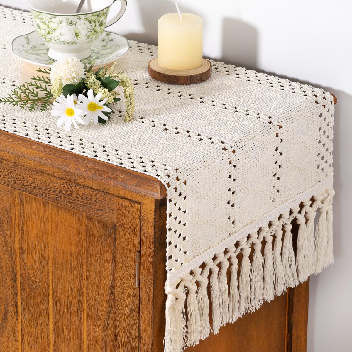 Socomi boho table runner with macrame fringed edges brightens rustic dining.