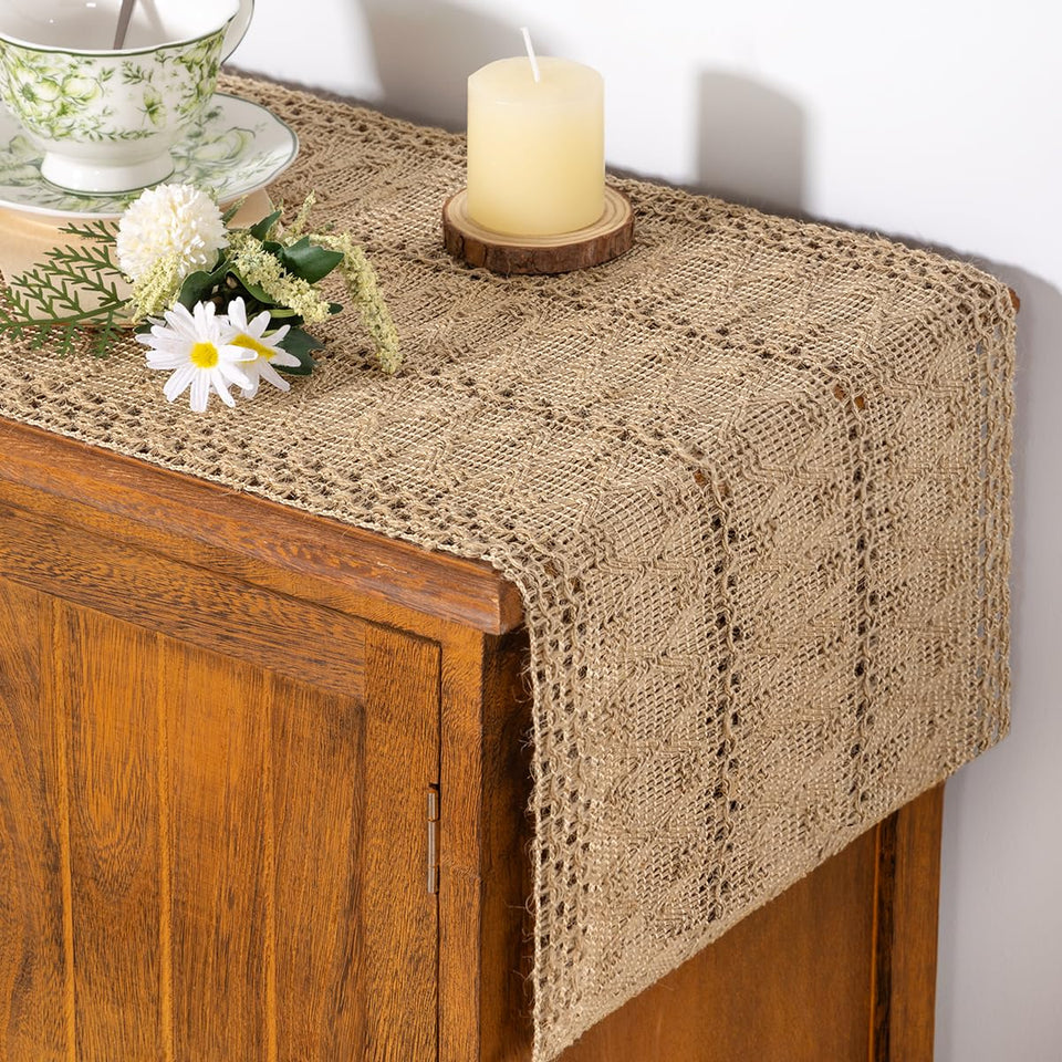 Socomi boho burlap table runner with macrame fringe for Easter dining