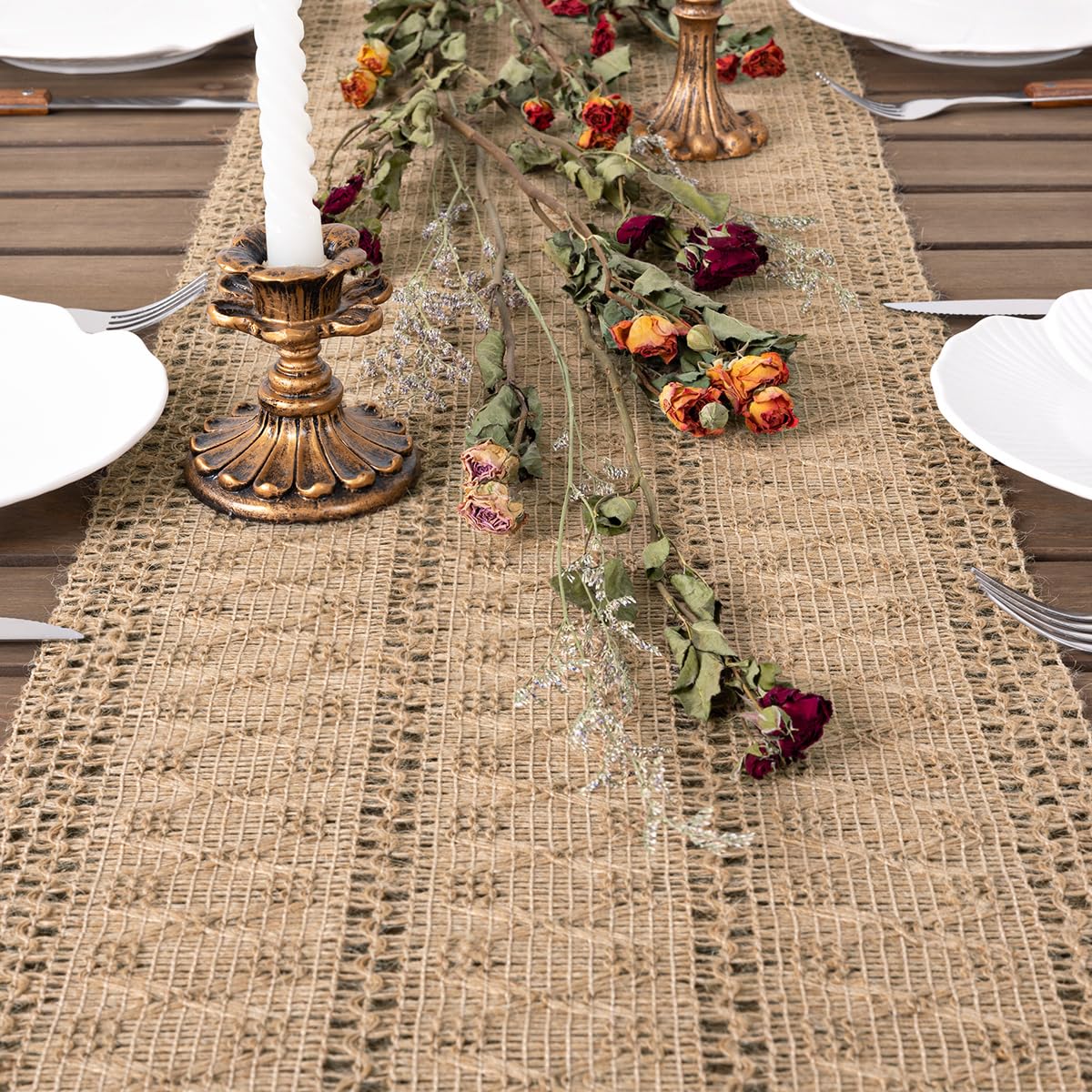 Socomi burlap table runner on dining setup highlights durable farmhouse style.