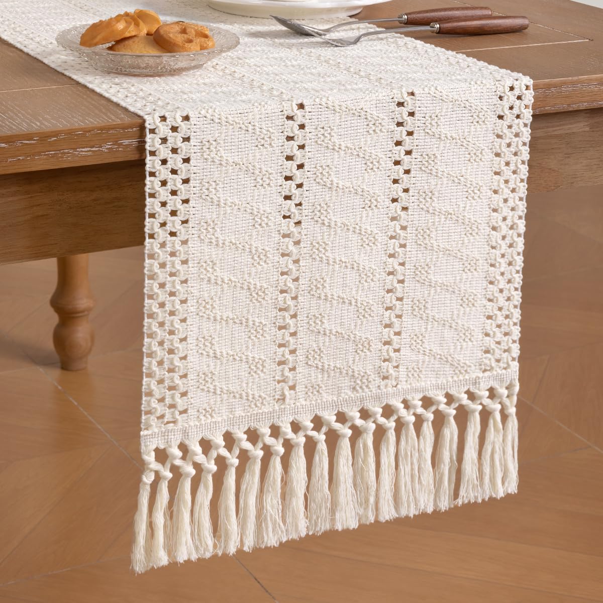 Socomi 12x60 runner elevates coffee table centerpiece with warm rustic style.