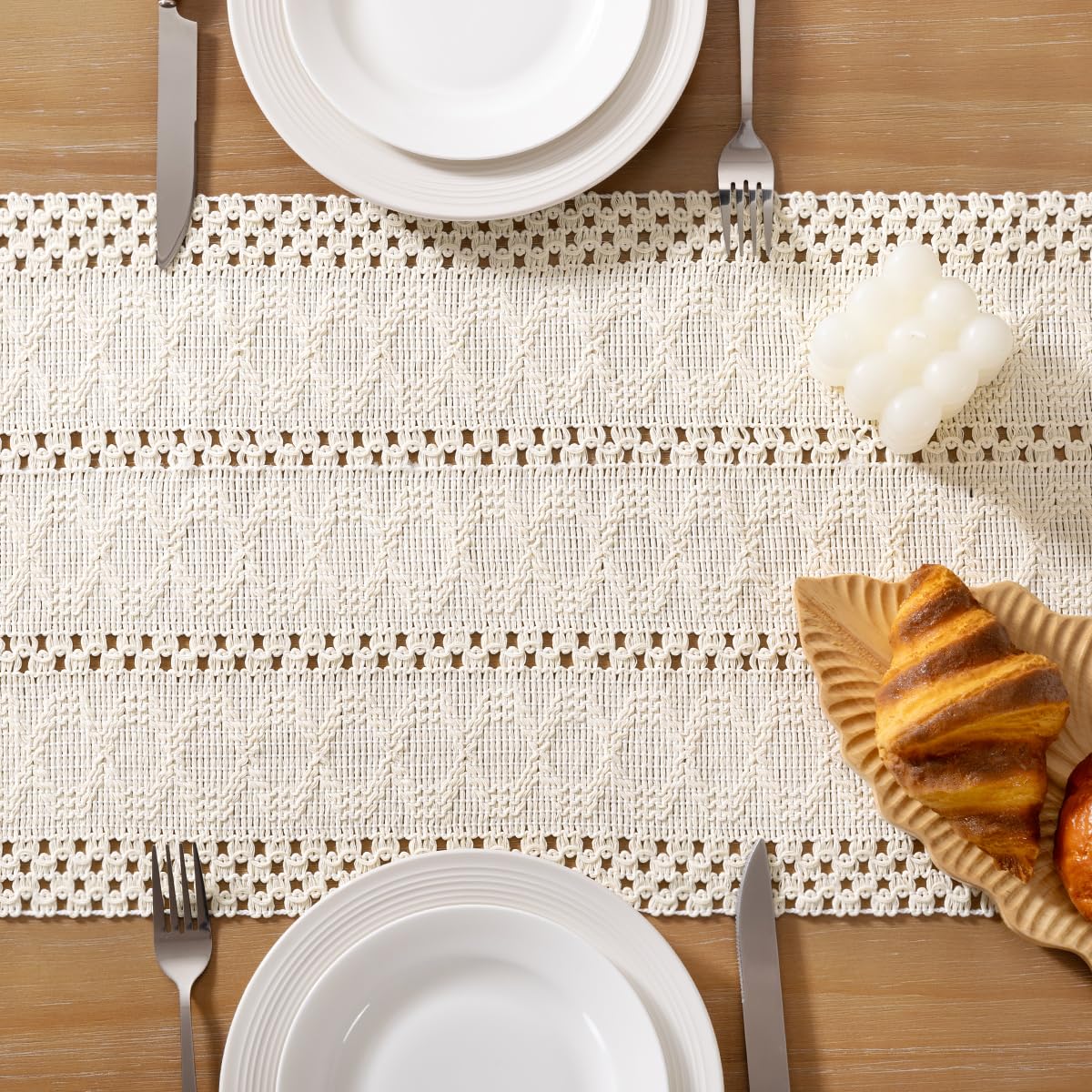 Socomi boho macrame runner styled on a dresser for decorative appeal.