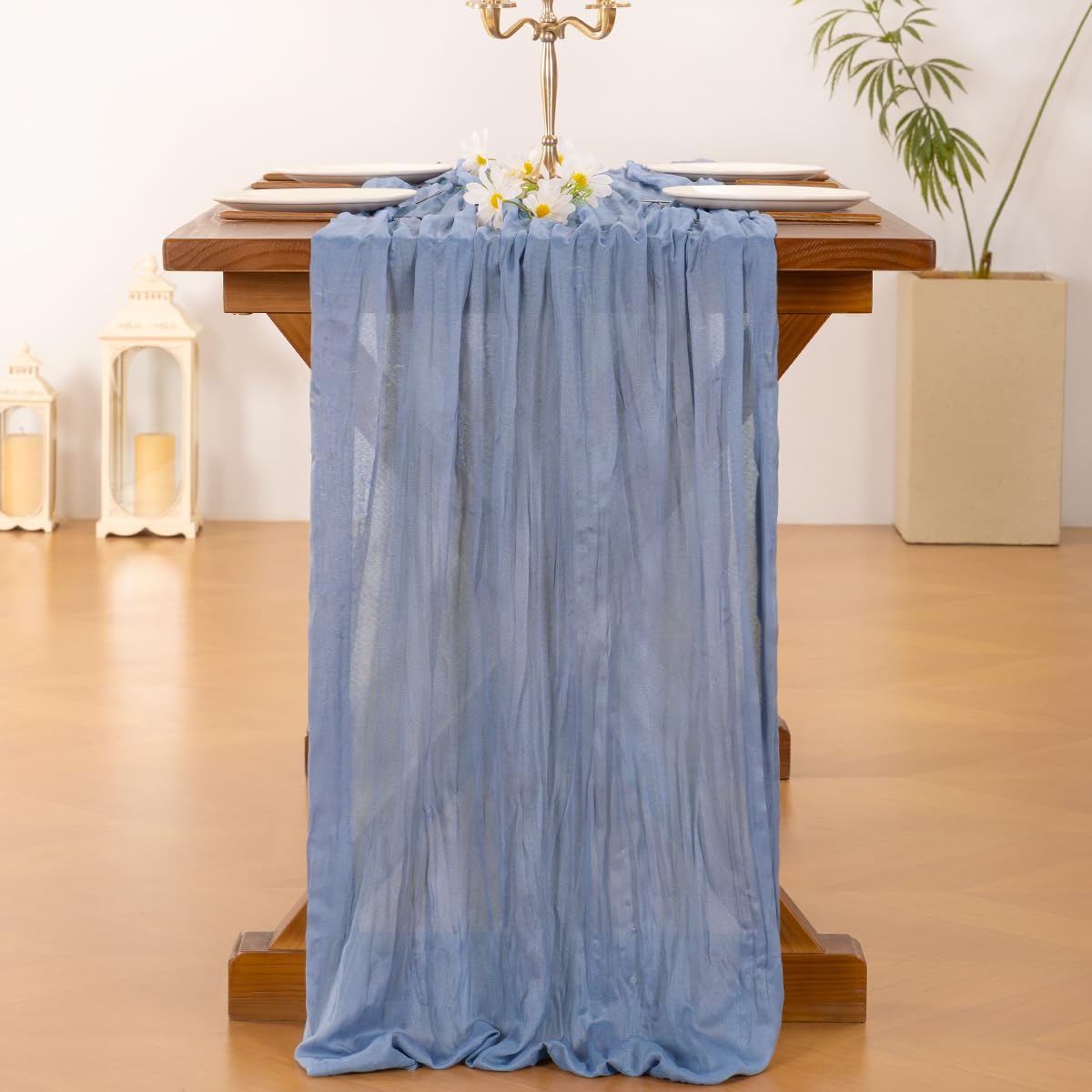 Socomi dusty blue runner as baby shower centerpiece with soft rustic texture