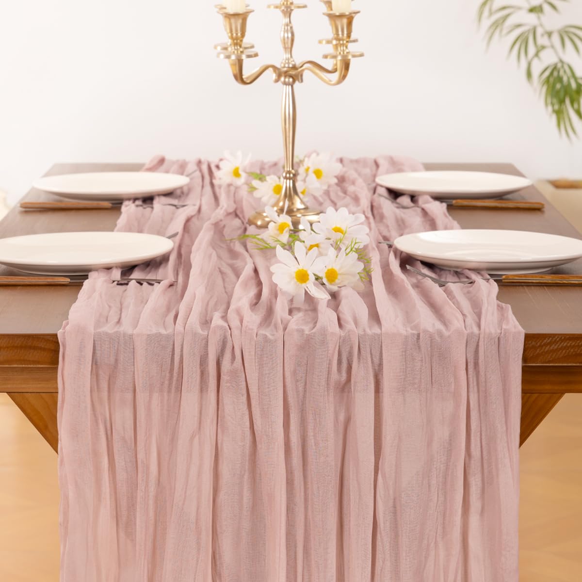 Socomi 120-inch cheesecloth runner adds soft drape to holiday tables.