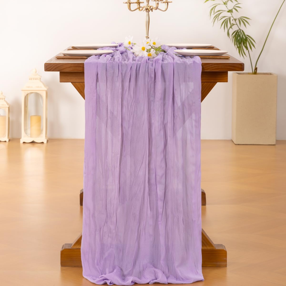 Socomi lavender cheesecloth runner on wedding arch adding rustic charm