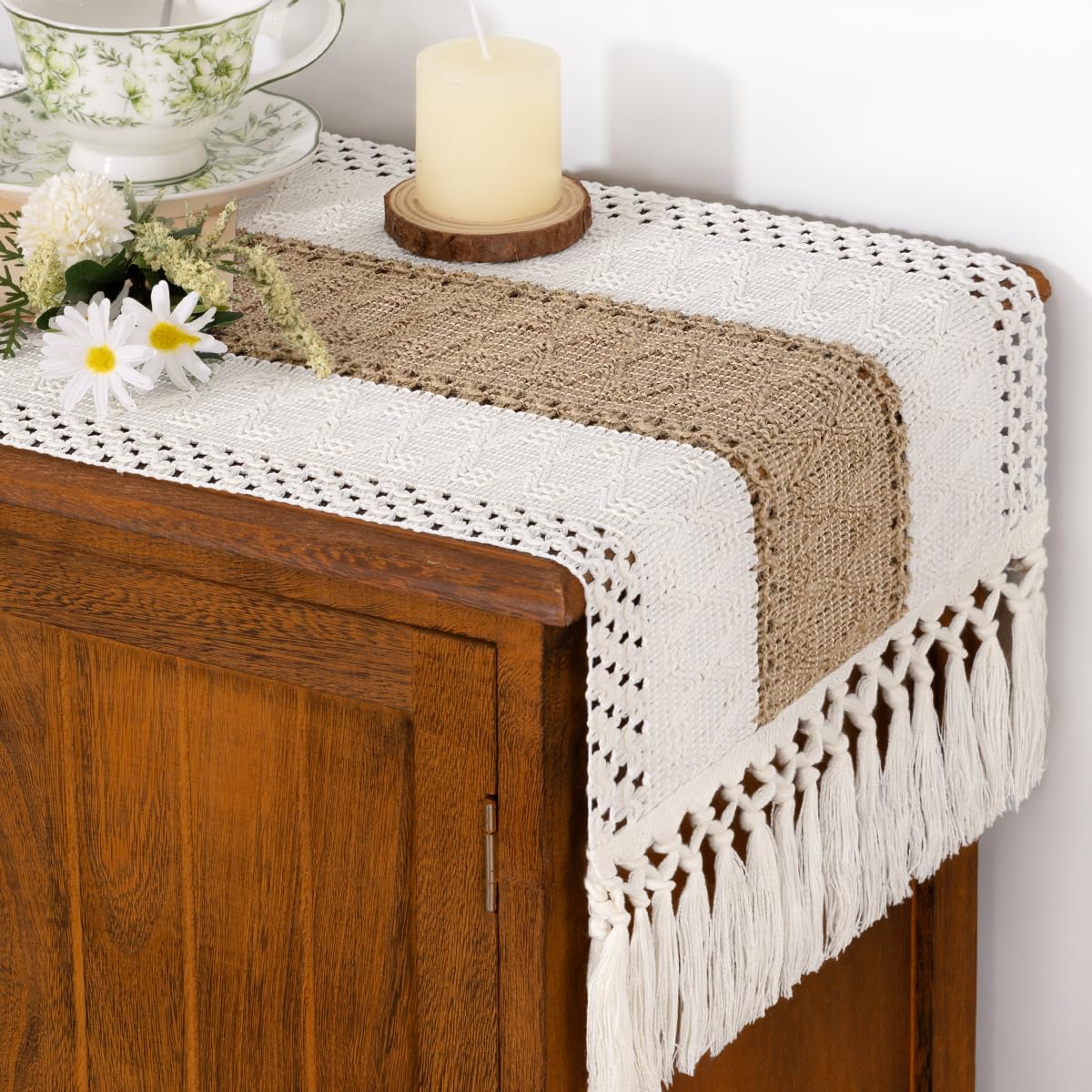 Socomi macrame-edge table runner highlights handmade texture for warm rustic tables